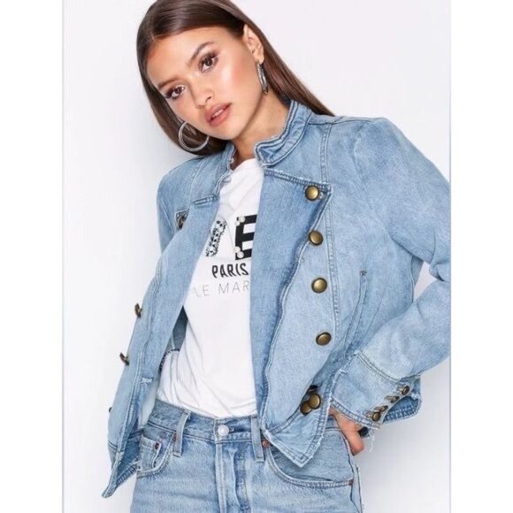 Free People Military Motto Double Breasted Denim Jacket - Picture 7 of 11
